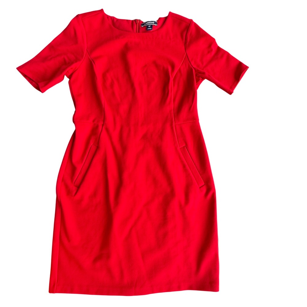 Lands‎ End Red Ponte Knit Sheath Dress 8P Short Sleeve Pockets V3905/F4188